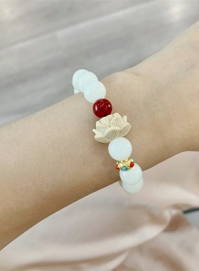 极速白玉菩提根搭配朱砂黄杨木莲花单圈女款手链T 甜美系百搭菩提