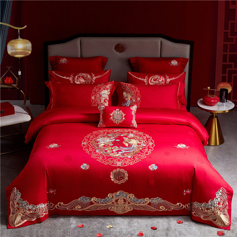 极速新中式婚庆A版160支全B版100S绣J花四件套大红刺绣款棉长绒棉