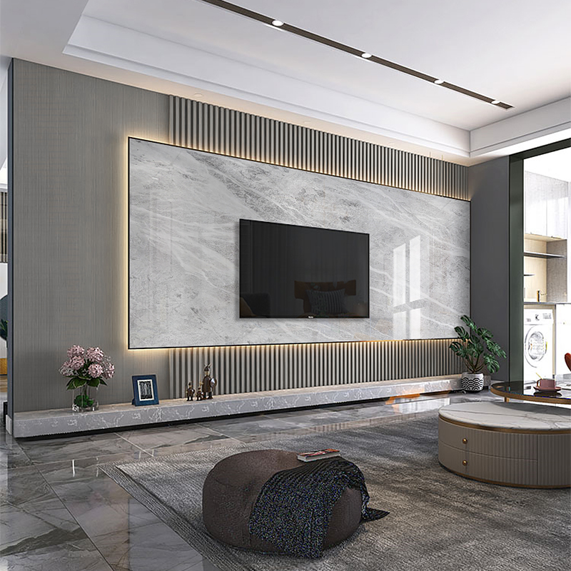 极速定制岩板悬空电视背景墙木格栅轻奢K山水画客厅大理石石材影