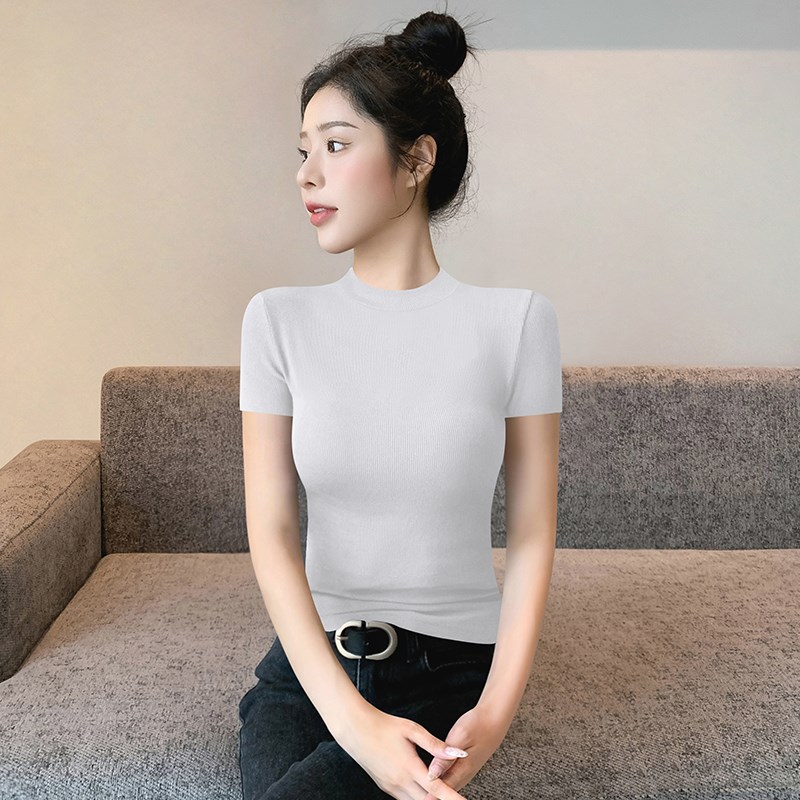 速发黑色正肩短袖t恤女2025新款春夏季圆领修身显瘦打底内搭紧身
