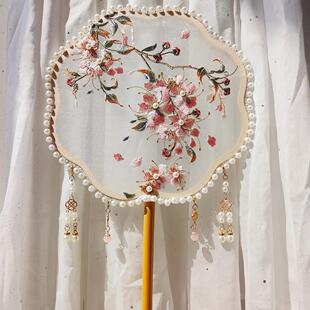 鲸鹿原创机绣单面紫薇花异型珠边团扇汉服中式装饰品摆件拍照道具