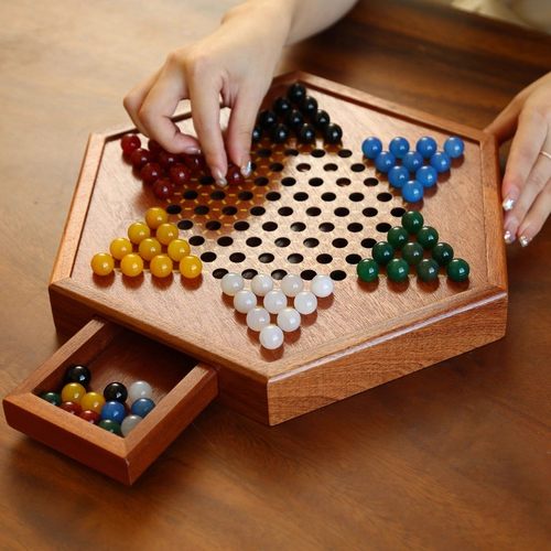 跳棋玻璃球儿童益智木质二合一飞行棋盘大号大人版亲子弹子玛瑙珠