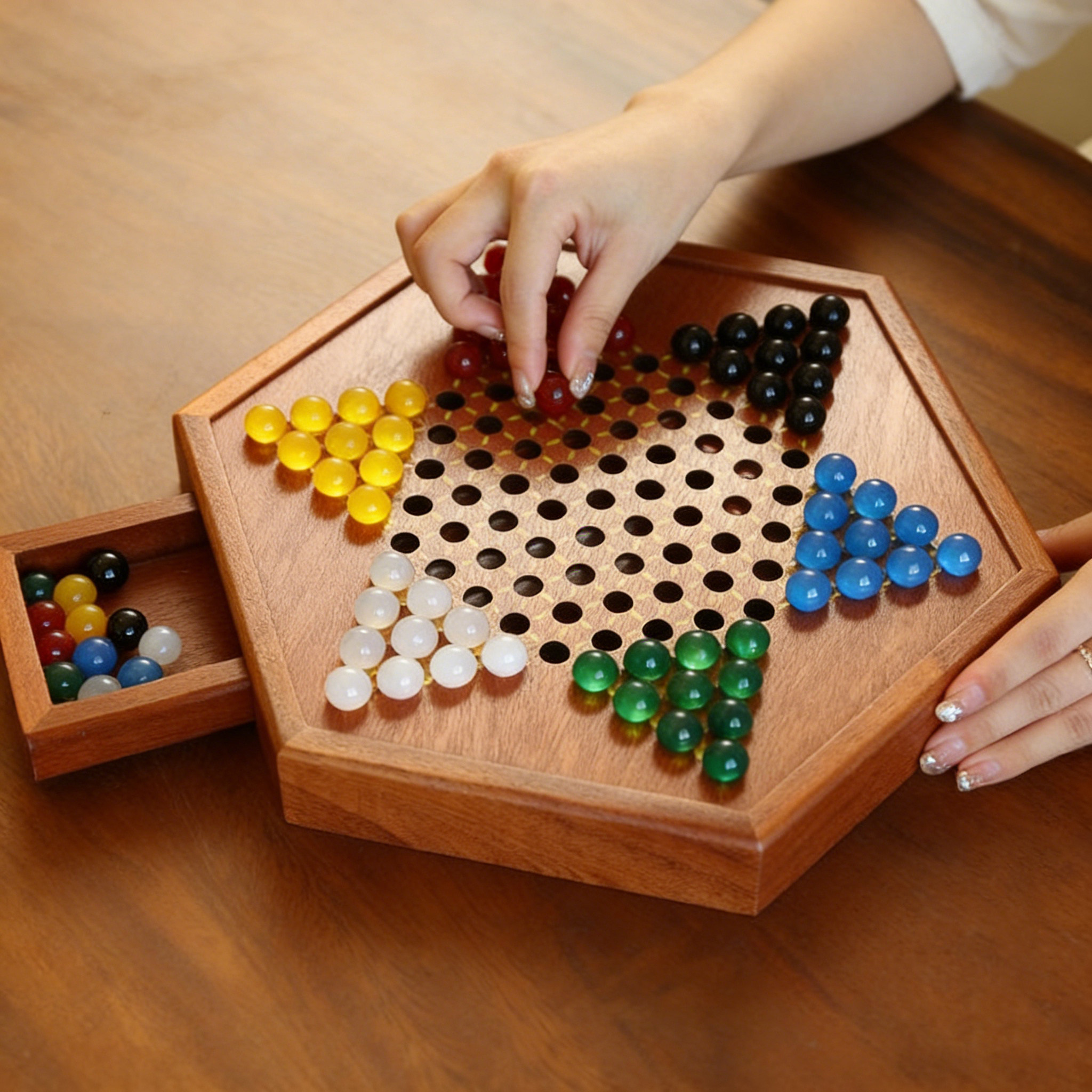 跳棋玻璃球儿童益智木质二合一飞行棋盘大号大人版亲子弹子玛瑙珠