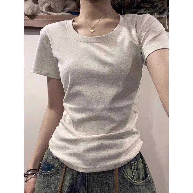 纯棉灰白色正肩短袖t恤女2025新款U圆领纯色显瘦遮肉美式修身上衣