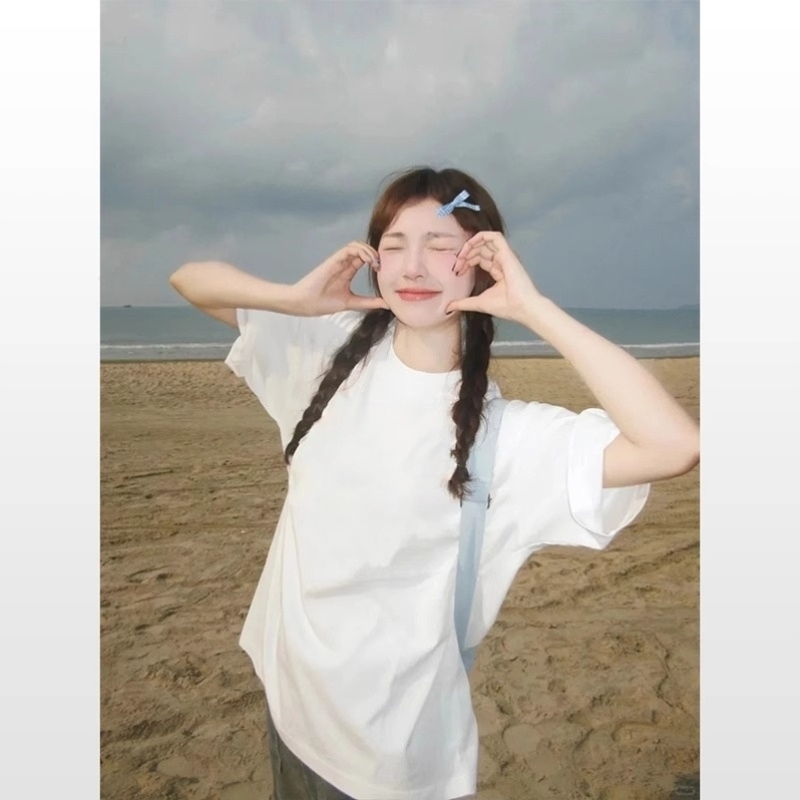 纯棉杏色2025年夏季新款宽松短袖T恤女中长款欧货大版独特上衣潮