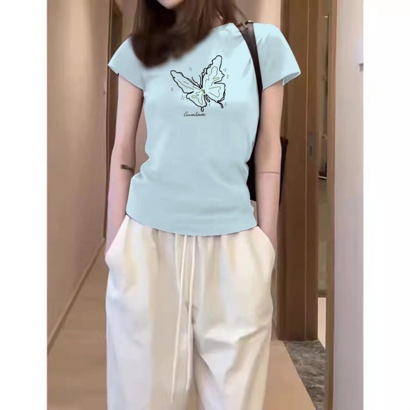 纯棉美式紫色正肩修身短袖T恤女2025夏新款黑色甜辣小个子上衣ins