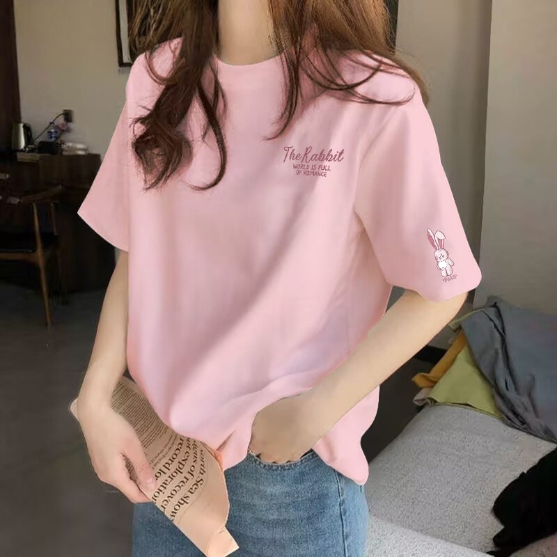 纯棉粉色多巴胺短袖T恤女2025夏新款白色宽松洋气设计感上衣ins潮