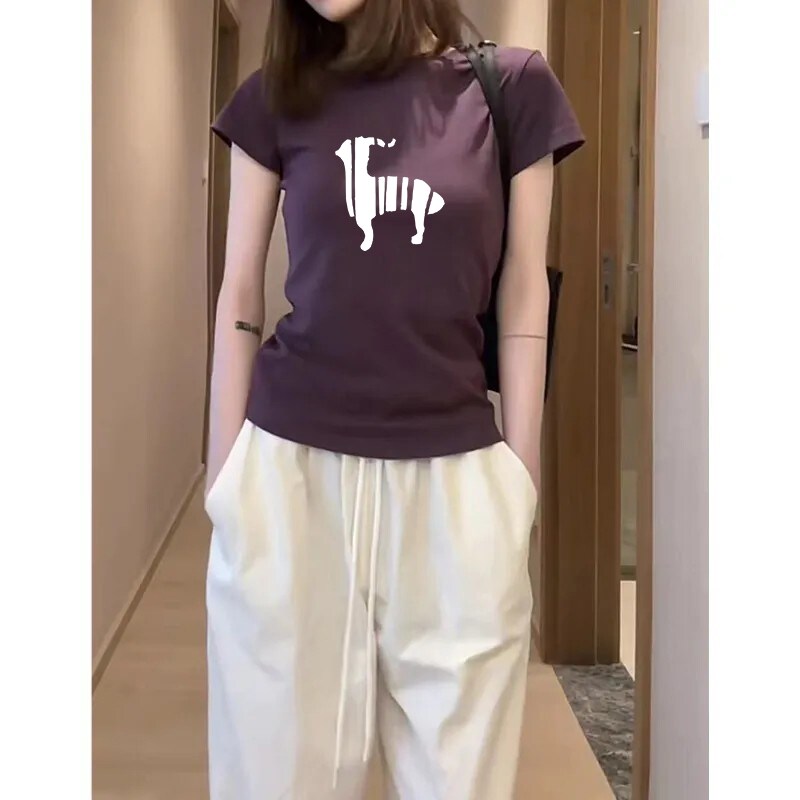 纯棉正肩短袖t恤女深紫色小个子时尚百搭休闲上衣体恤2025年新1