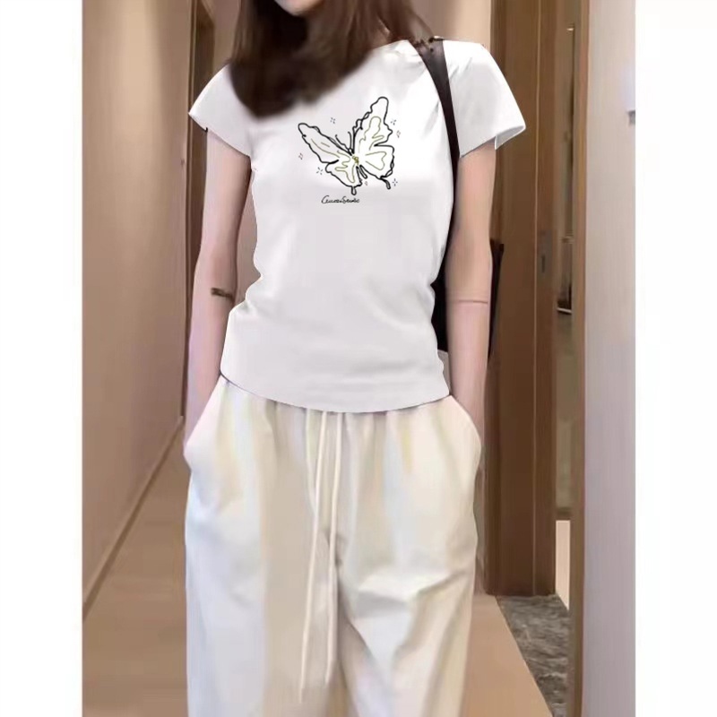 纯棉美式紫色正肩修身短袖T恤女2025夏新款黑色甜辣小个子上衣ins