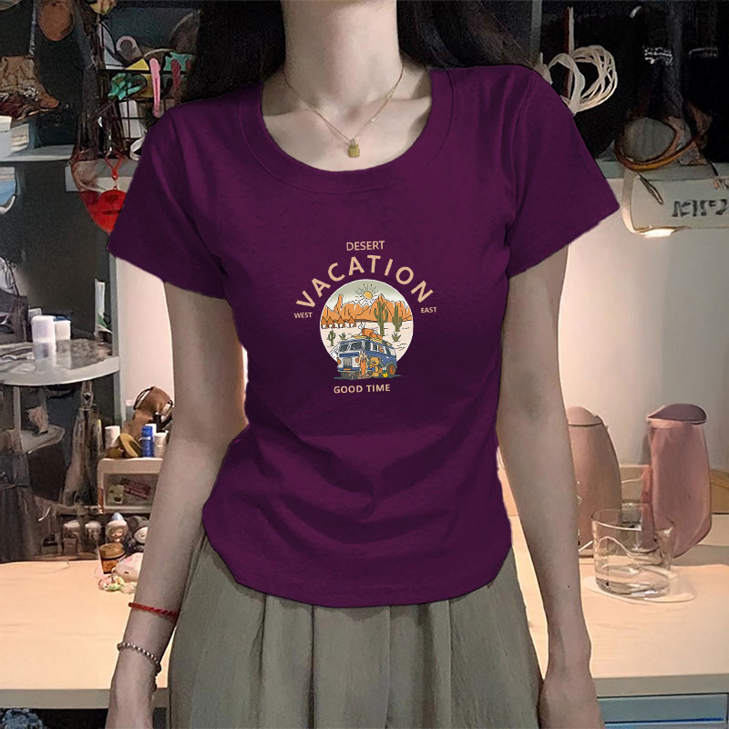純棉正肩短袖t恤女2025新款夏季穿搭洋氣修身寬松打底U領(lǐng)學(xué)生上衣