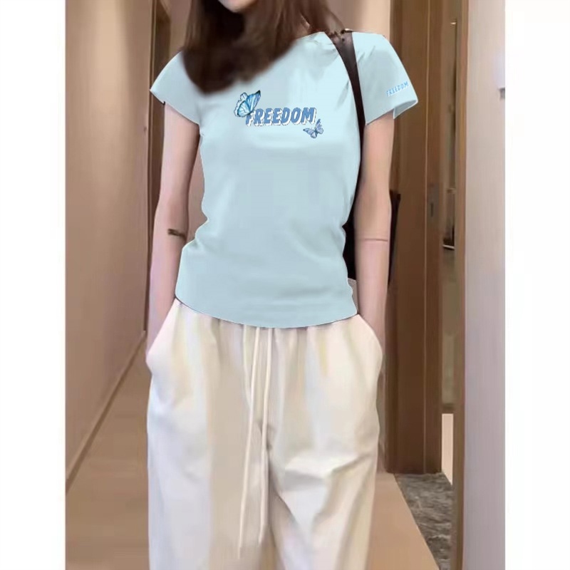 纯棉正肩短袖t恤女夏季薄款2025新款显瘦设计感短款半袖体恤上衣