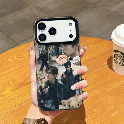 皮衣易烊千玺复古拼接防摔手机壳数码镜头框全包高级感明星同款爆款手机壳适用苹果151617promax明星手机套