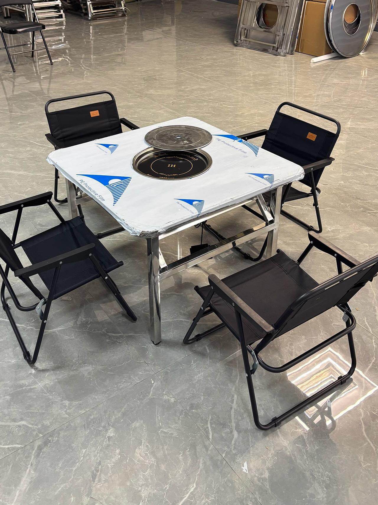 不锈钢折叠桌一体式电磁炉圆形吃饭火锅商用烧烤摆摊方桌大排档