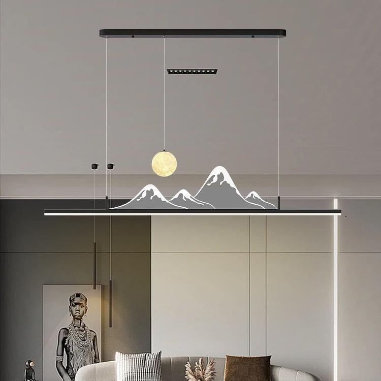 山水餐厅灯新中式长条吊灯现代简约山峦映月茶室吊灯极简餐桌灯具