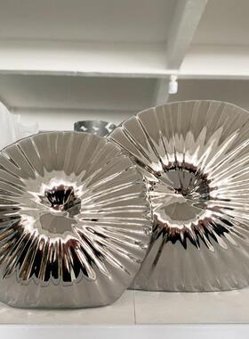 创意镀银陶瓷花瓶插花北欧风格装饰摆件几何不规则半圆花器摆设