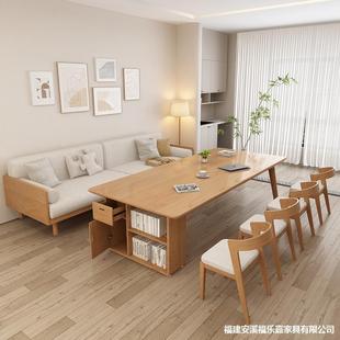 客厅实木大书桌书架一体双人学习桌家用写字桌休闲区阅读桌手工桌