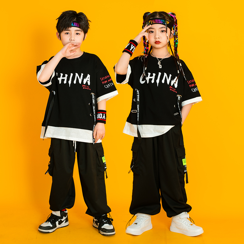 夏季儿童黑色宽松飘带运动会服潮流嘻哈街舞演出服女孩爵士舞套装