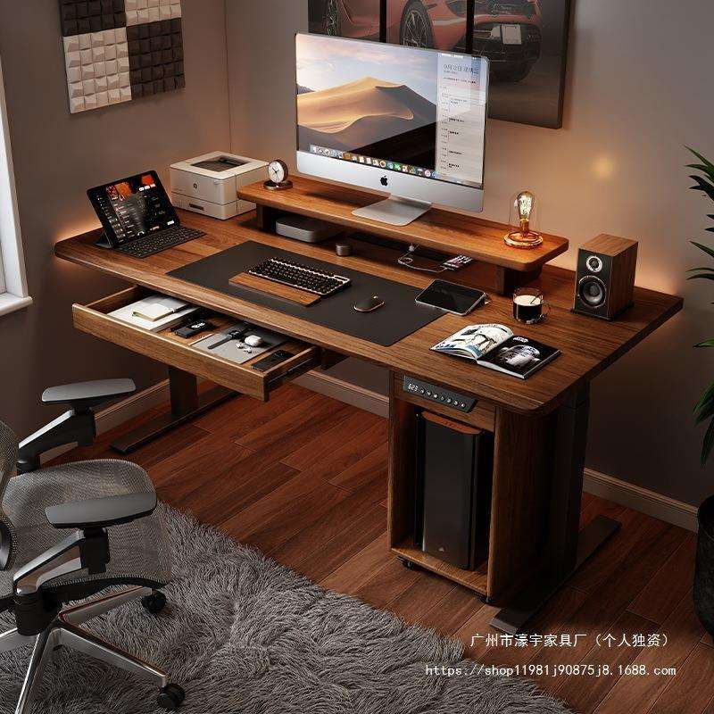 实木电动升降桌电脑桌办公桌智能双电机工作台胡桃木色书桌电竞