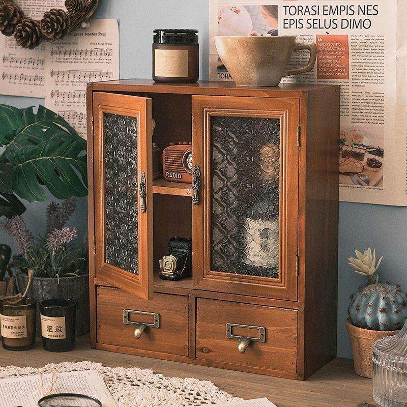 a桌上收纳柜梳妆台置物架办公桌复古木质桌面收纳整理盒