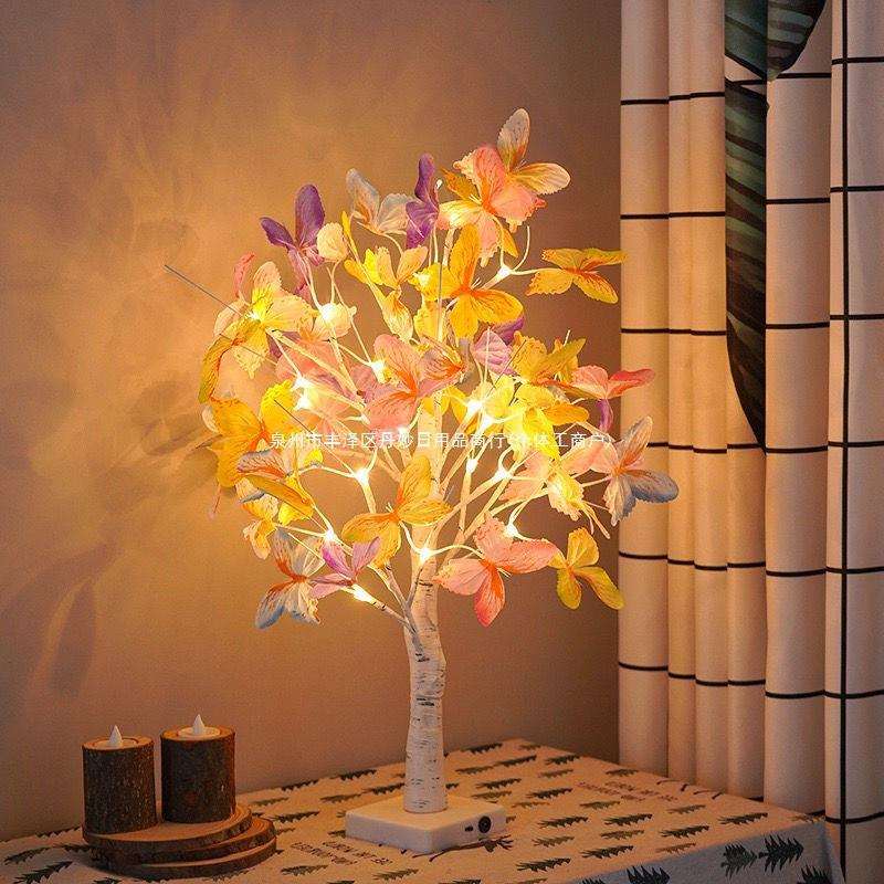 蝴蝶白桦树房间室内布置氛围背景树灯装饰卧室小夜灯发光灯