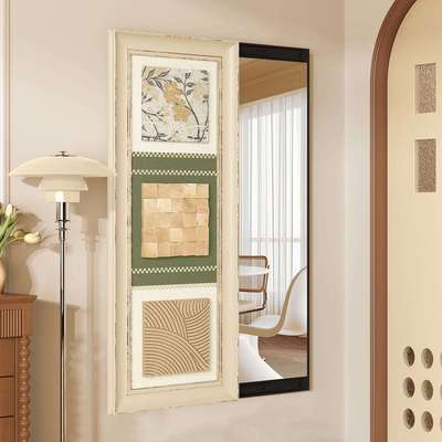 绿色奶油风镜子可遮挡可关闭隐藏式推拉式暗藏式全身镜隐形穿衣镜