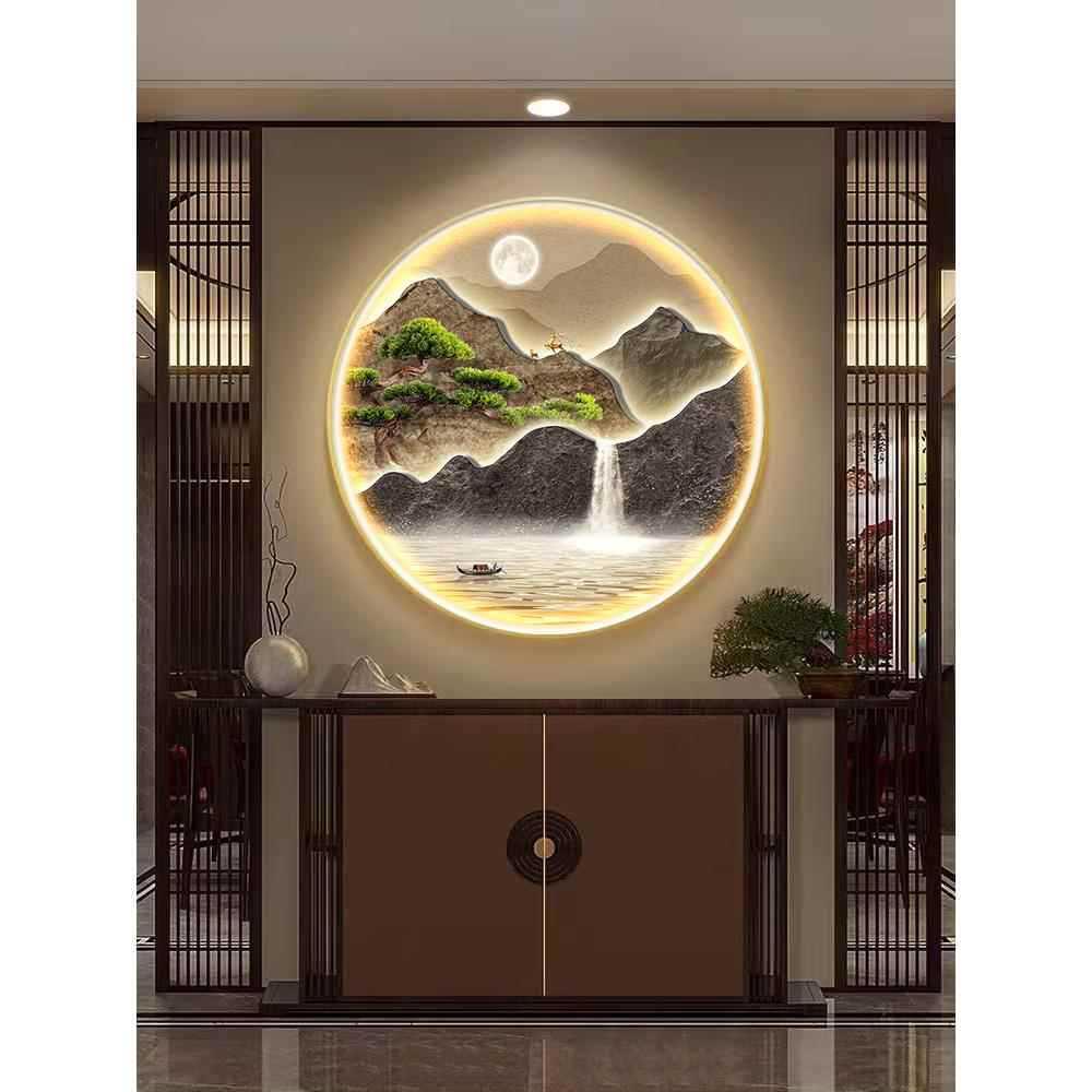 流水生财圆形新中式入户玄关装饰画led带灯发光壁画走廊过道挂画