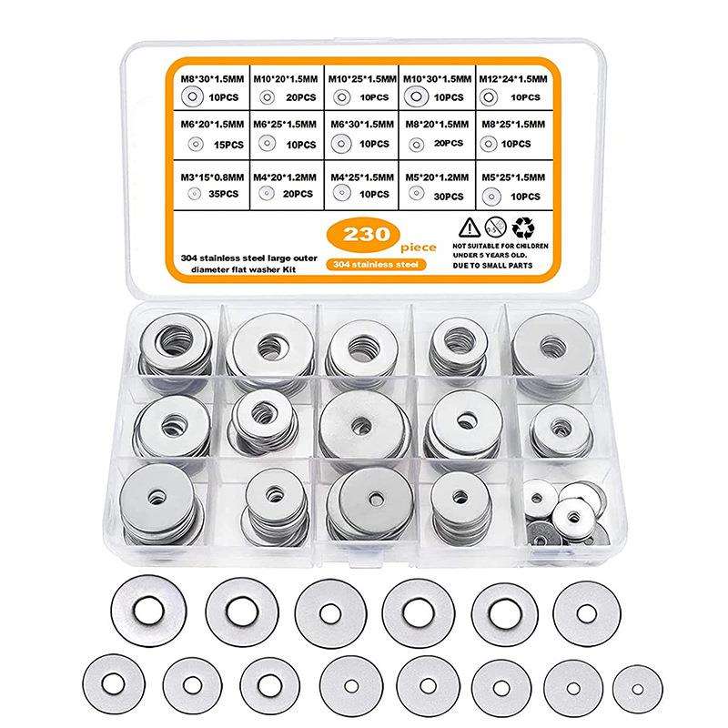 亚马逊 230pcs 304不锈钢垫圈 /垫片套装 M3-M12 15种尺寸