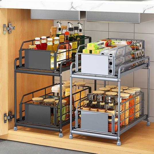 厨房下水槽抽拉篮洗碗池下方置物架双层拉出式调味料收纳架子