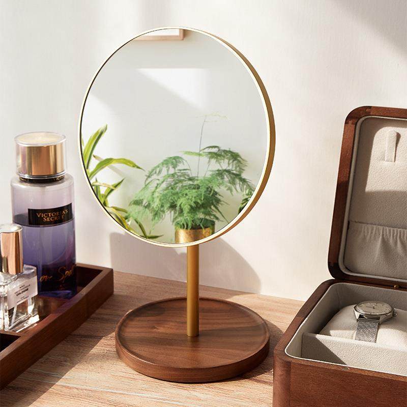 实木化妆镜台式桌面家用复古梳妆台镜子高清大镜面可旋转梳妆镜