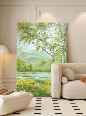 玄关装饰画入户正对门绿色风景手绘油画客厅山水肌理挂画树木壁画