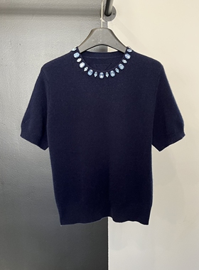 绵羊毛衫女短袖圆领镶钻T恤2026春季新款时尚百搭修身针织上衣