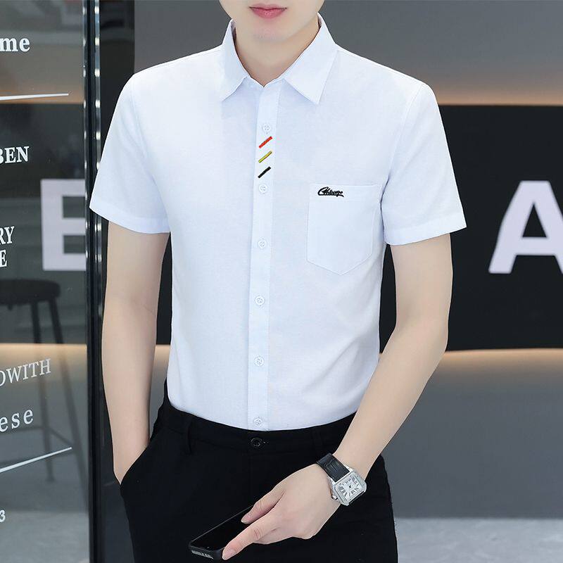男士短袖衬衫夏季白色休闲衬衣纯棉全棉上衣服牛津纺商务修身寸衣