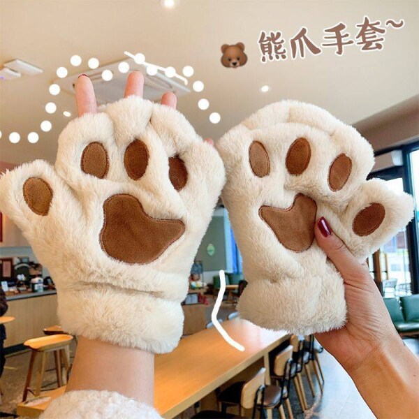 卡通猫爪手套女士冬季韩版可爱女生露指加厚保暖熊掌毛绒冬天卡通