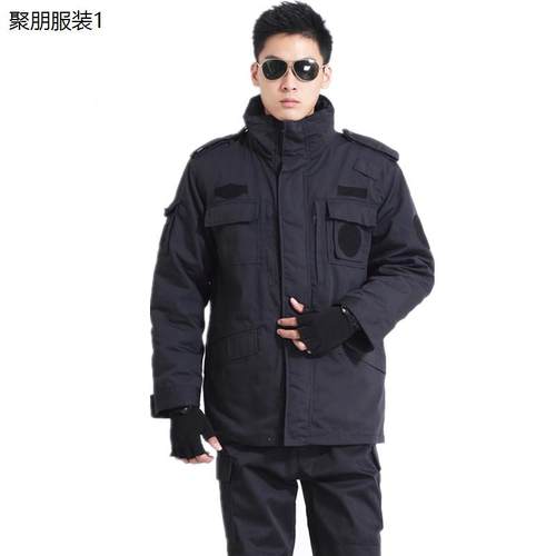 原版黑色格子布棉大衣冬季加厚男女保安作训服棉袄加肥加大