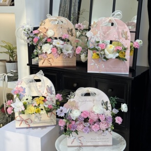 圣诞节手提花盒鲜花礼盒包装插花盒花束包装袋花束礼盒空盒手提袋