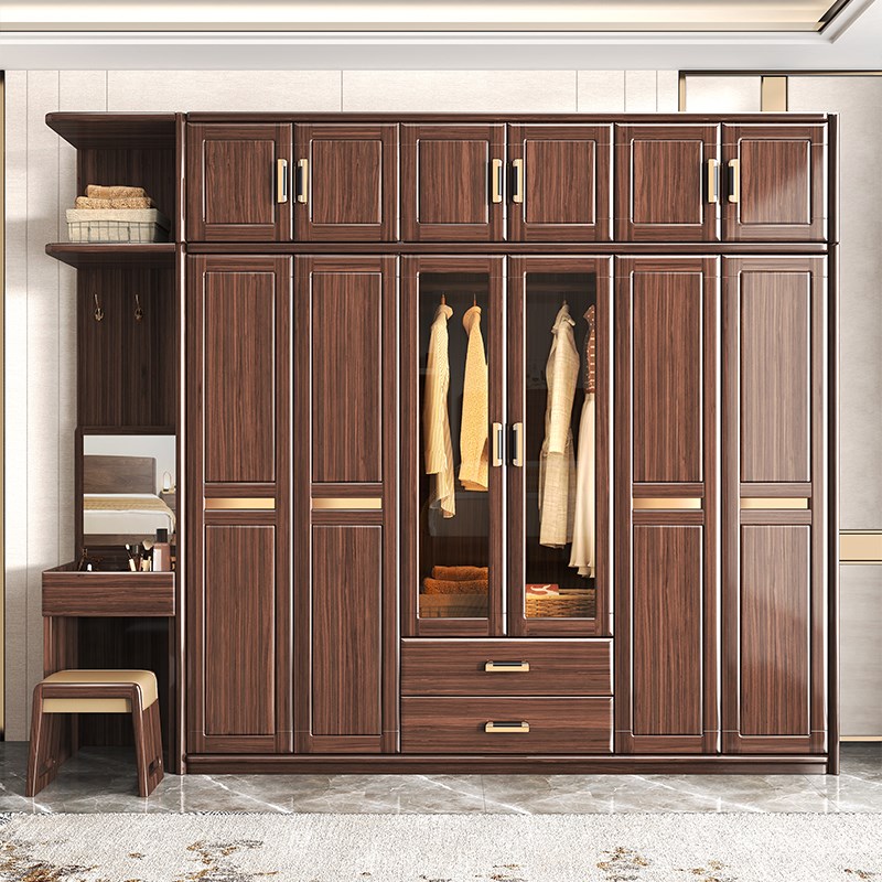 新中式实木衣柜带梳妆台胡桃木家用卧室玻璃对开门衣W橱储物柜组