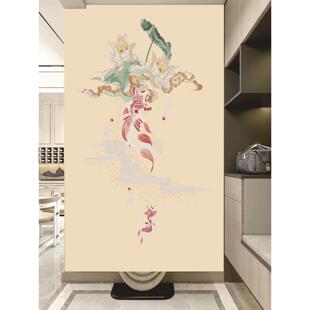 刺绣墙布玄关背景刺绣壁布鱼戏莲叶间新中式客厅沙发卧室背景墙