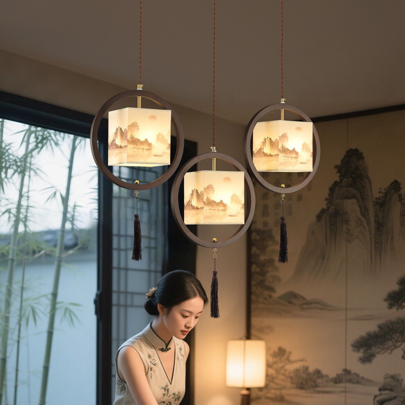 宋式美学实木餐厅吊灯新中式手绘风卧室书房三头玄关餐饮复古吊灯