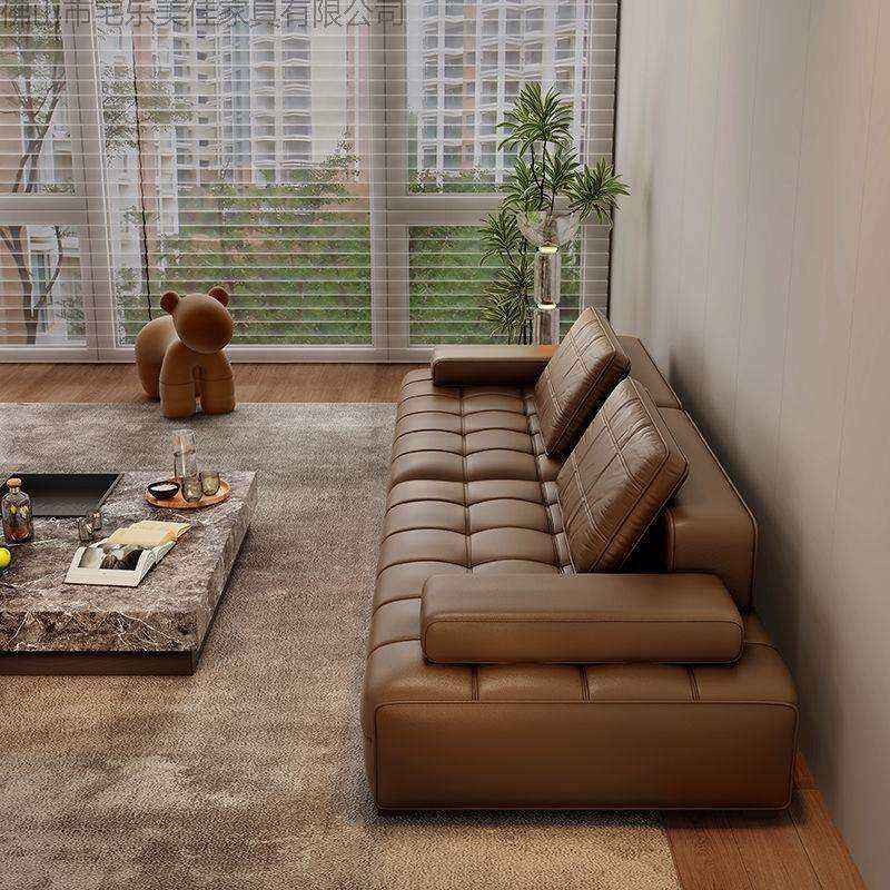 意式劳伦斯沙发高档真皮沙发高级感轻奢中古沙发客厅直排皮艺沙发