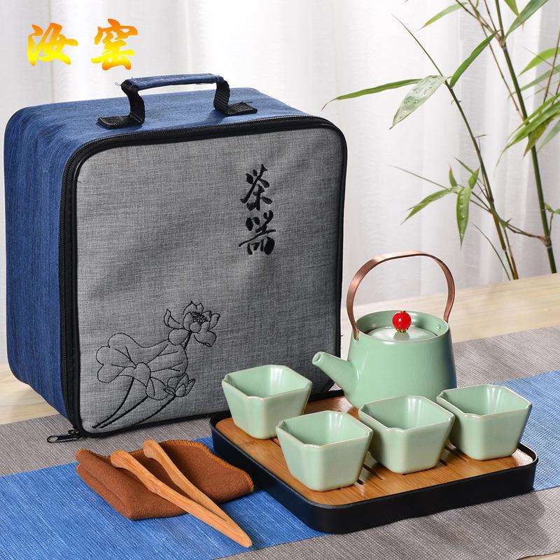 汝窑旅行茶具套装便携包迷你家用简约日式提梁壶茶杯户外一壶四杯