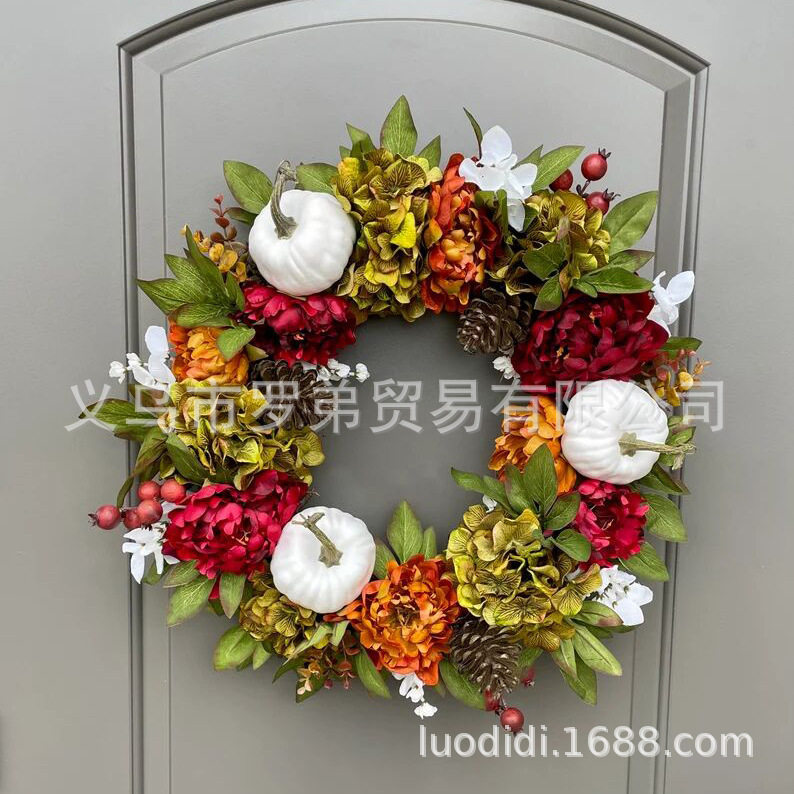 跨境爆款秋季花环门挂圣诞花环南瓜花环门牌花圈挂饰仿真绣球花环