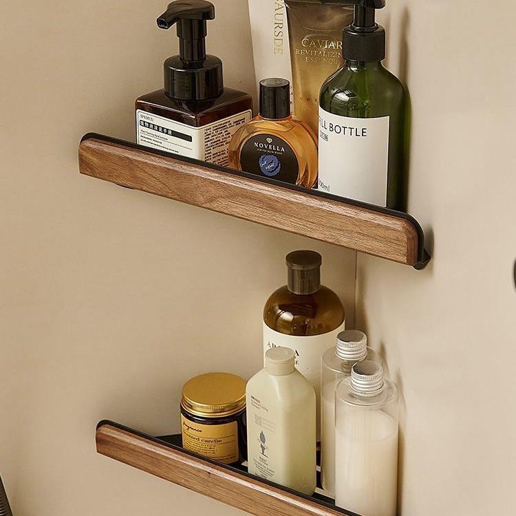 浴室卫生间置物架免打孔厕所洗手间洗漱台壁挂三角架实木黑胡