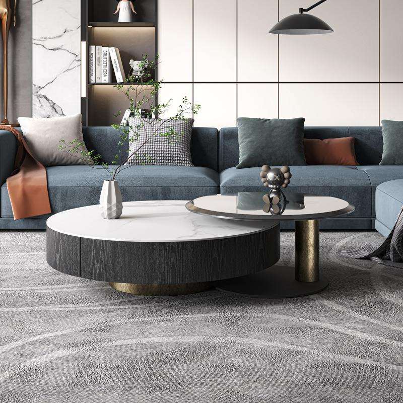 意式岩板极简茶几现代简约圆形小户型设计师创意带抽屉高低组合