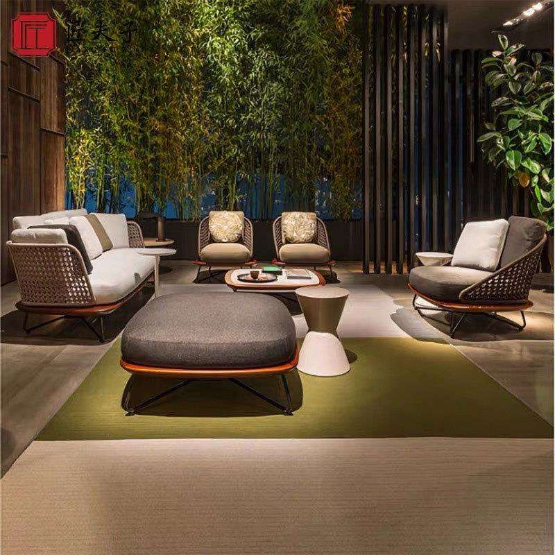 北欧设计软装户外休闲沙发别墅庭院花园组合绳编沙发柚木藤编沙发