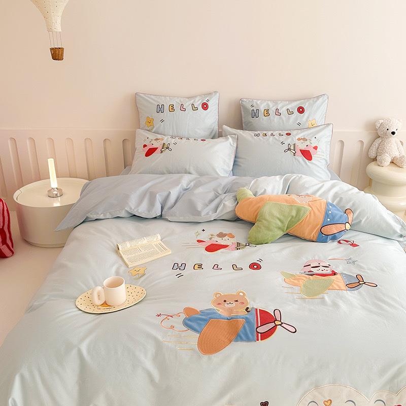 卡通风100S长绒棉四件套可爱贴布绣被套床单全棉1.8m床上用品1.5m