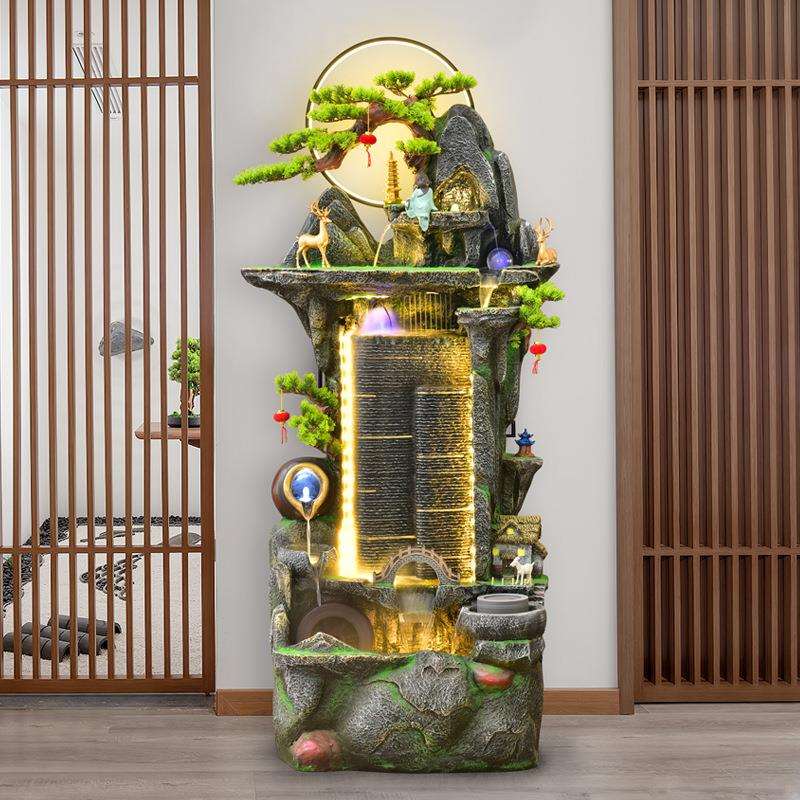 中式落地假山流水喷泉摆件客厅生财风水轮加湿器高山循环水景装饰