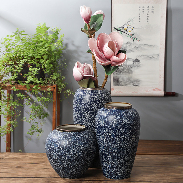 陶瓷三件套干花花器陶瓷花瓶家居装饰品摆件出水芙蓉