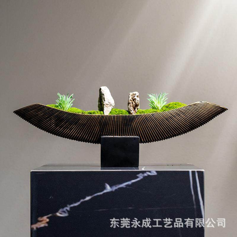 新中式仿真花艺摆件树脂花器大理石底座永生草坪茶几会客室仿真花