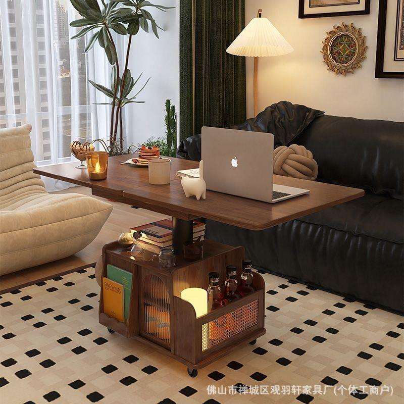 实木升降茶几移动推车茶桌折叠餐桌小户型茶台多功能客厅沙发边柜
