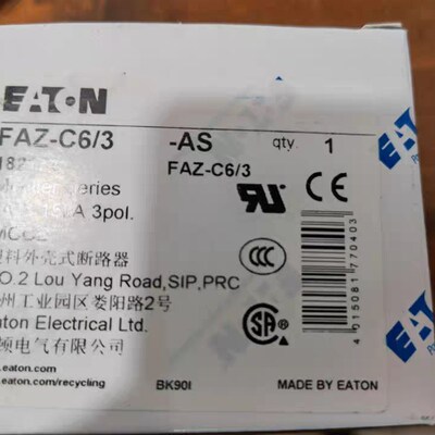 伊顿穆勒FAZ-C6/3高分断微型断路器UL1077 CE认证齐全原装正品